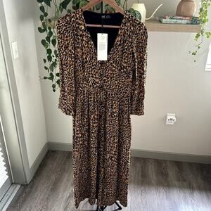 Zara Cheetah Print Button Front Midi Dress Brown Black Womens M Cottagecore